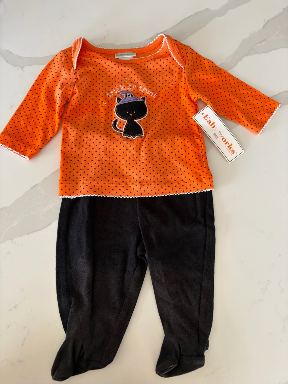NWT Babyworks Vtg 90s y2k Halloween Cat Polka Dot Top & Footed Pants Set 0-3M